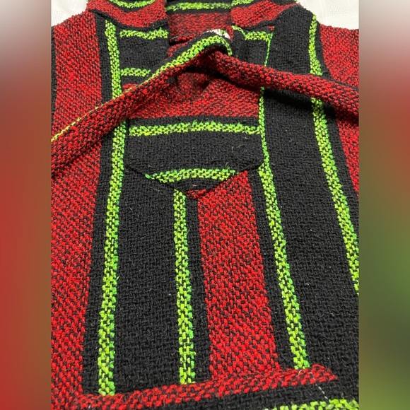 Vintage Mexican Baja Hoodie Pullover Striped Woven Sweater – Red Black Green - Picture 10 of 12